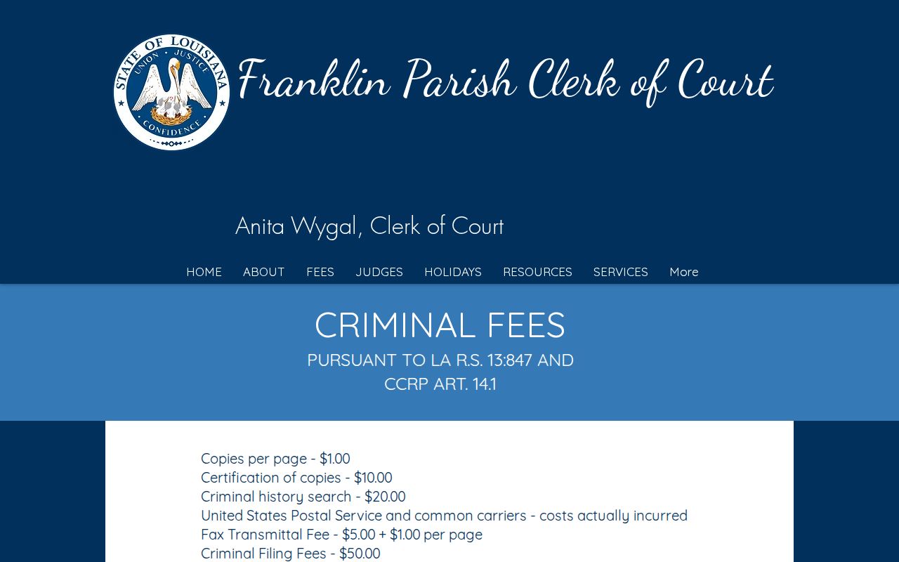 Franklin Parish Clerk criminal court record fee schedule