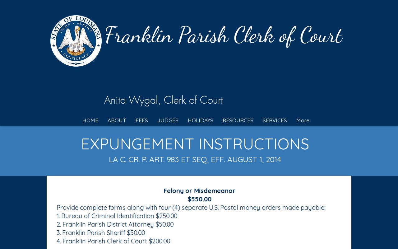 Franklin Parish Clerk expungement information page