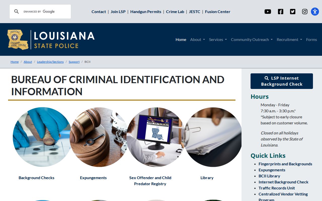 Louisiana State Police BCII criminal history information page