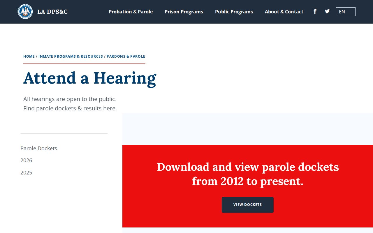 Louisiana parole dockets and results page