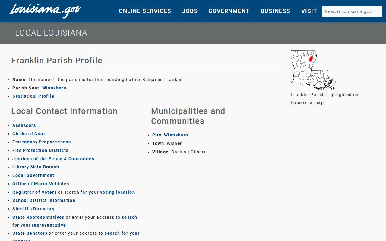Gilbert record check official Franklin Parish profile